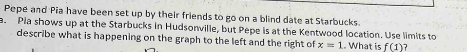 Pepe and Pia have been set up by their friends to go on a blind date at Starbucks. 
a. Pia shows up at the Starbucks in Hudsonville, but Pepe is at the Kentwood location. Use limits to 
describe what is happening on the graph to the left and the right of x=1. What is f(1) ?