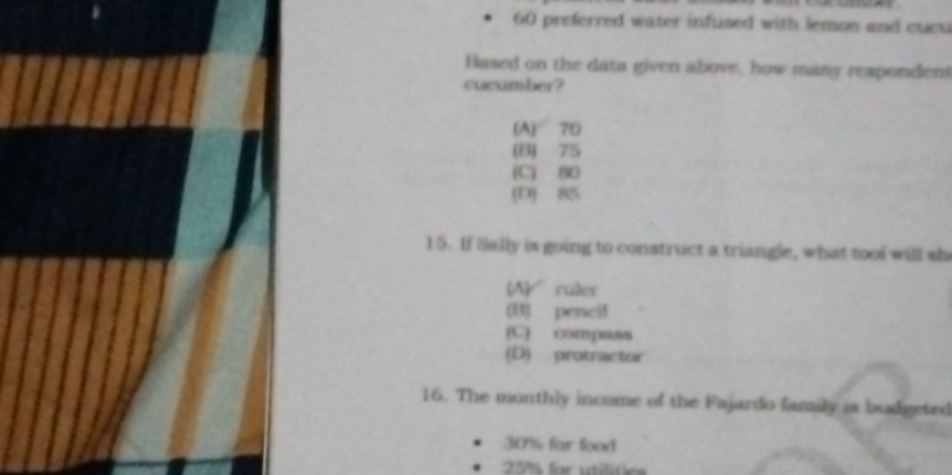 preferred water infused with lemon and cucu
Based on the data given above, how many respondent
cucumber?
(A) 70
(B) 75
(C) 80
[D] 85
15. If Sally is going to construct a triangle, what tool will sh
(A) ruler
(B) pencil
(C) compass
(D) protractor
16. The monthly income of the Fajardo family is budgeted
30% far food
25% far utilitie