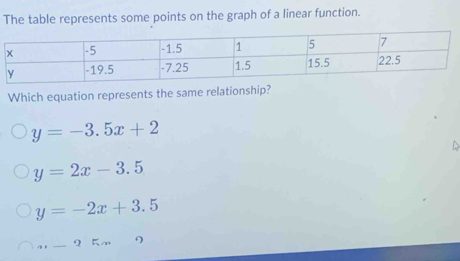 The table represents some points on the graph of a linear function.
Which equation represents the same relationship?
y=-3.5x+2
y=2x-3.5
y=-2x+3.5
,,_ Q 5m