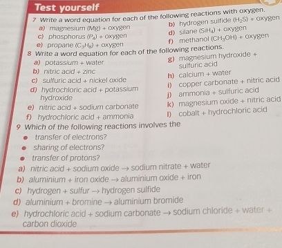 Test yourself
7 Write a word equation for each of the following reactions with oxygen. oxygen
b) hydrogen sulfide (H_2S)+
a) magnesium (Mg)+ oxygen (SiH_4)+∈fty
d) silane
c) phosphorus (P_4)+ oxygen (CH_3OH)+oxyge ry gen
f) methanol
e) propane (C_3H_8)+ oxygen
8 Write a word equation for each of the following reactions.
a) potassium + water
g) magnesium hydroxide +
sulfuric acid
b) nitric acid + zinc
c) sulfuric acid + nickel oxide h) calcium + water
d) hydrochloric acid + potassium I) copper carbonate + nitric acid
hydroxide
e) nitric acid + sodium carbonate j) ammonia + sulfuric acid
k) magnesium oxide + nitric acid
f) hydrochloric acid + ammonia II) cobalt + hydrochloric acid
9 Which of the following reactions involves the
transfer of electrons?
sharing of electrons?
transfer of protons?
a) nitric acid + sodium oxide → sodium nitrate + water
b) aluminium + iron oxide → aluminium oxide + iron
c) hydrogen + sulfur → hydrogen sulfide
d) aluminium + bromine → aluminium bromide
e) hydrochloric acid + sodium carbonate → sodium chloride + water +
carbon dioxide