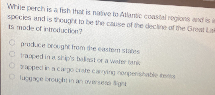 White perch is a fish that is native to Atlantic coastal regions and is in
species and is thought to be the cause of the decline of the Great Lal
its mode of introduction?
produce brought from the eastern states
trapped in a ship's ballast or a water tank
trapped in a cargo crate carrying nonperishable items
luggage brought in an overseas flight