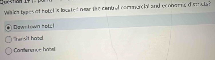 (1 poln
Which types of hotel is located near the central commercial and economic districts?
Downtown hotel
Transit hotel
Conference hotel