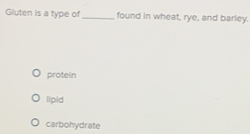 Gluten is a type of_ found in wheat, rye, and barley.
protein
lipid
carbohydrate