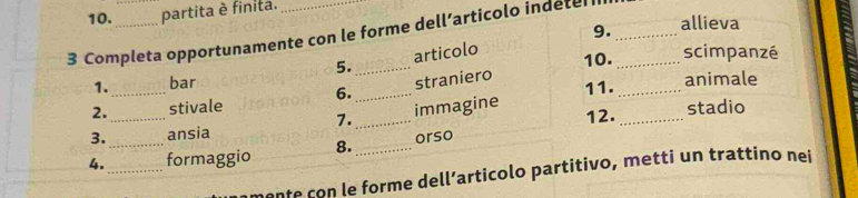 partita è finita. 
3 Completa opportunamente con le forme dell’articolo indeter__ 
5. articolo 9. 
allieva 
_ 
1. bar _10. _scimpanzé 
11. animale 
6._ straniero 
2. stivale 
7. immagine 
3. _ansia _12. _stadio 
_ 
4. _formaggio 8. _orso 
ente con le forme dell’articolo partitivo, metti un trattino nei