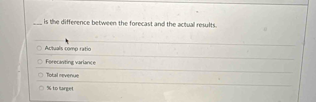 is the difference between the forecast and the actual results.
Actuals comp ratio
Forecasting variance
Total revenue
% to target