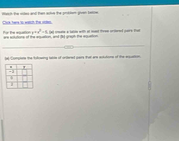 Watch the video and then solve the problern given below. 
Click here to wetch the vides. 
For the equation y=x^2-5 , (a) create a table with at least three ordered pairs that 
are solutions of the equation, and (b) graph the equation. 
(a) Complate the following table of ordered pairs that are solutions of the equation.