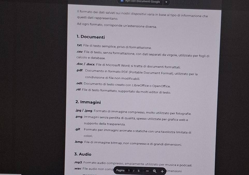 Apri con Documenti Google 
ll formato dei dati salvati sui nostri dispositivi varia in base al tipo di informazione che 
questi dati rappresentano. 
Ad ogni formato, corrisponde un'estensione diversa. 
1. Documenti 
.txt: File di testo semplice, privo di formattazione. 
.csv: File di testo, senza formattazione, con dati separati da virgole, utilizzato per fogli di 
calcolo e database. 
.doc / .docx: File di Microsoft Word; si tratta di documenti formattati. 
.pdf: Documento in formato PDF (Portable Document Format), utilizzato per la 
condivisione di file non modificabili. 
odt: Documento di testo creato con LibreOffice o OpenOffice. 
rtf: File di testo formattato, supportato da molti editor di testo. 
2. Immagini 
.jpg / .jpeg: Formato di immagine compresso, molto utilizzato per fotografie. 
.png: Immagini senza perdita di qualità, spesso utilizzate per grafica web e 
supporto della trasparenza. 
.gif. Formato per immagini animate o statiche con una tavolozza limitata di 
colori. 
.bmp: File di immagine bitmap, non compresso e di grandi dimensioni. 
3. Audio 
.mp3: Formato audio compresso, ampiamente utilizzato per musica e podcast. 
wav: File audio non comp Pagina limensioni