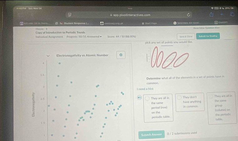 4oy fM San Noy 24 _② L 20% 14 
… 
app. pivotinteractives.com 
Oh Student Response )... aseogy o rg u ★ Starl Page Determine the locat. Chanc t 
Classes > Show Inilne Questian View 
Copy of Introduction to Periodic Trends 
Individual Assignment Progress: 50/55 Answered Score: 44 / 50 (88.00%) Save & Clore Sutmit für Grading 
pick any set of points you would like. 
Electronegativity vs Atomic Number 
4
3.5
Determine what all of the elements in a set of points have in 
. 
common. 
J 
I need a hint 
. They are all in 
g 2:5
④ They are all in They don't 
. 。 the same have anything the same 
period (row) in common. 
1 group 
on the (column) on 
1 5 periodic table. the periodic 
table. 
1 Submit Answer 0 / 2 submissions used