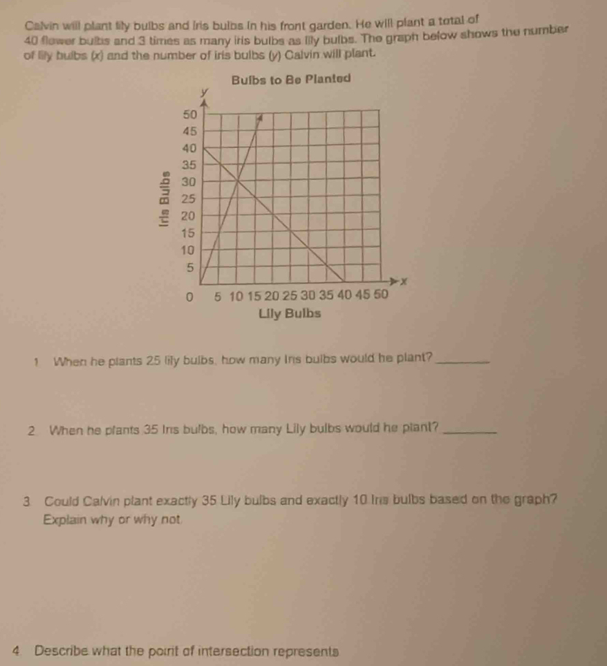 Calvin will plant fily bulbs and Iris bulbs in his front garden. He will plant a total of
40 flower bulbs and 3 times as many iris bulbs as Iily bulbs. The graph below shows the number 
of lily buibs (x) and the number of iris bulbs (y) Calvin will plant. 
Be Planted 
Lily Bulbs 
1 When he plants 25 lify bulbs, how many Ins bulbs would he plant?_ 
2 When he plants 35 Ins bulbs, how many Lily bulbs would he plant?_ 
3 Could Calvin plant exactly 35 Lily bulbs and exactly 10 Ins bulbs based on the graph? 
Explain why or why not 
4. Describe what the poirit of intersection represents