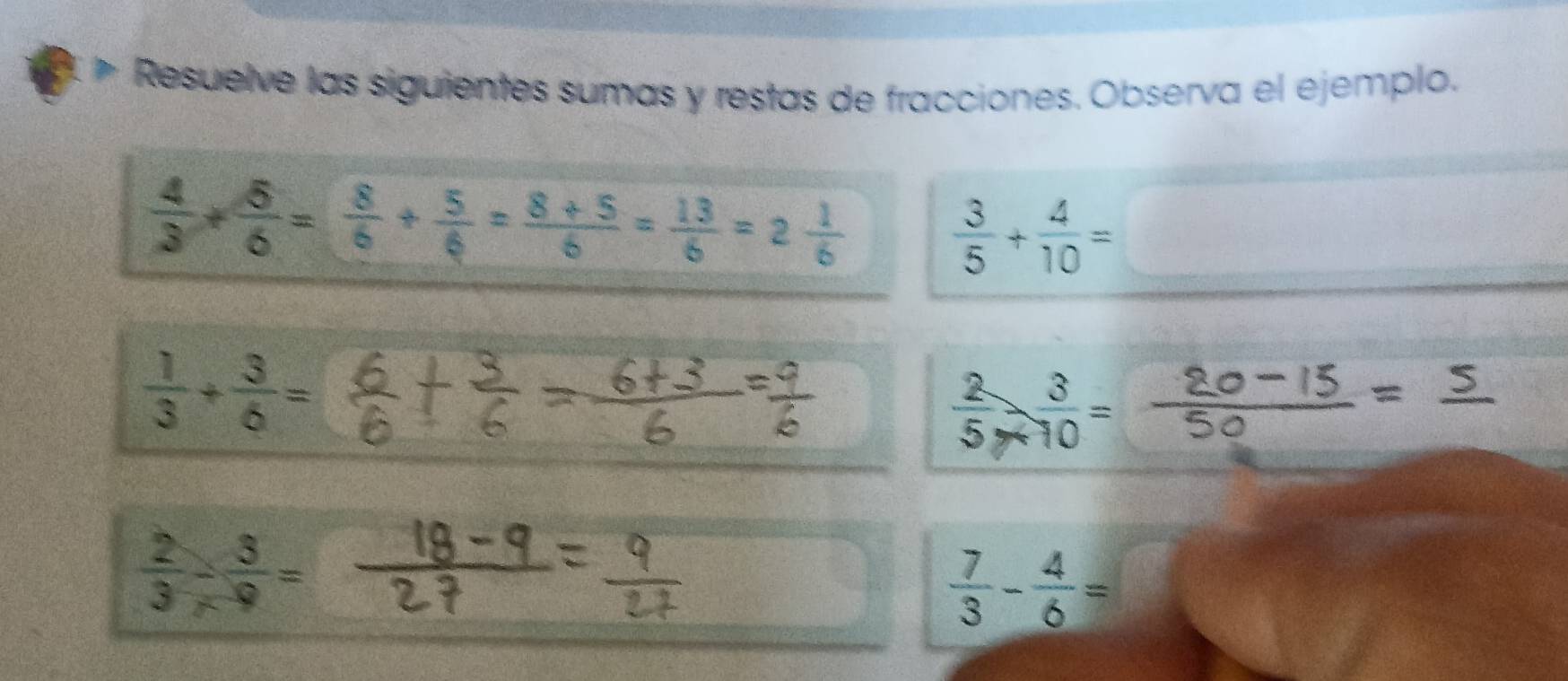 Resuelve las siguientes sumas y restas de fracciones. Observa el ejemplo.
 4/3 + 5/6 = 8/6 + 5/6 = (8+5)/6 = 13/6 =2 1/6 
 3/5 + 4/10 =
 1/3 + 3/6 =
- ÷- -
 2/3 /  3/9 =
 7/3 - 4/6 =