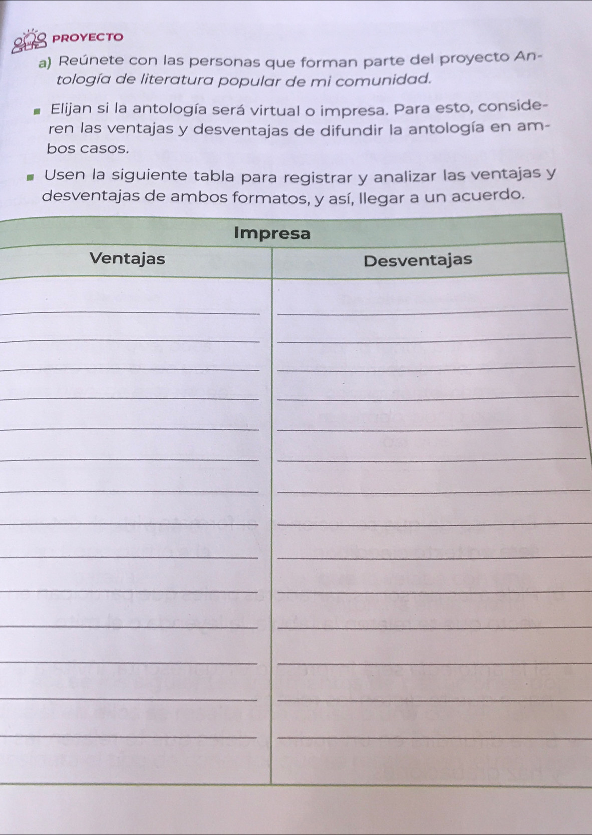 808 PROYECTO 
a) Reúnete con las personas que forman parte del proyecto An- 
tología de literatura popular de mi comunidad. 
Elijan si la antología será virtual o impresa. Para esto, conside- 
ren las ventajas y desventajas de difundir la antología en am- 
bos casos. 
Usen la siguiente tabla para registrar y analizar las ventajas y 
desventajas de aacuerdo.