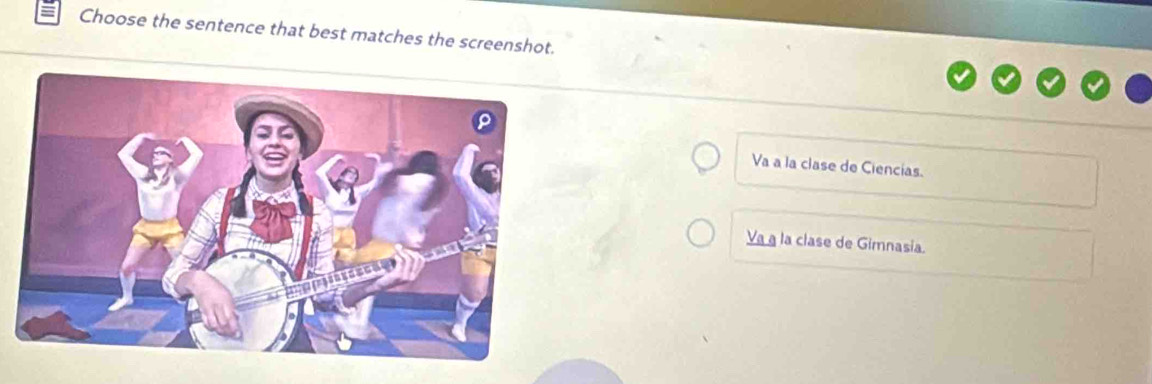 Choose the sentence that best matches the screenshot.
Va a la clase de Ciencias.
Va a la clase de Gimnasia.