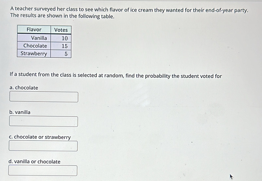 A teacher surveyed her class to see which flavor of ice cream they wanted for their end-of-year party.
The results are shown in the following table.
If a student from the class is selected at random, find the probability the student voted for
a. chocolate
b. vanilla
c. chocolate or strawberry
d. vanilla or chocolate