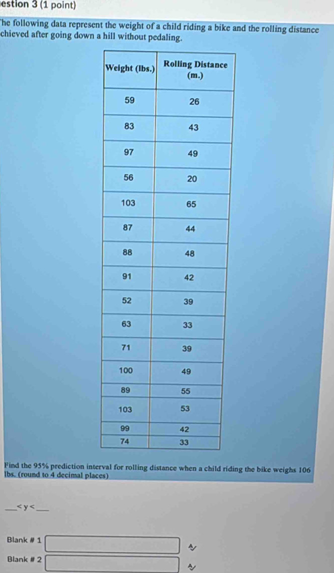 estion 3 (1 point) 
The following data represent the weight of a child riding a bike and the rolling distance 
chieved after going down a hill without ped 
Find the 95% prediction interval for rolling distance when a child riding the bike weighs 106
lbs. (round to 4 decimal places) 
__ y< 
Blank # 1 □ ~ 
Blank # 2  3*  a/2 - (b+4)/2 -1= □ /□   A