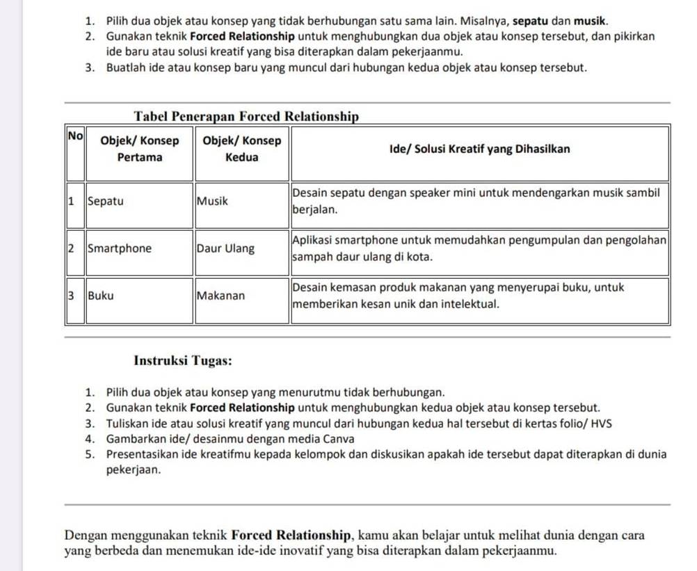 Pilih dua objek atau konsep yang tidak berhubungan satu sama lain. Misalnya, sepatu dan musik. 
2. Gunakan teknik Forced Relationship untuk menghubungkan dua objek atau konsep tersebut, dan pikirkan 
ide baru atau solusi kreatif yang bisa diterapkan dalam pekerjaanmu. 
3. Buatlah ide atau konsep baru yang muncul dari hubungan kedua objek atau konsep tersebut. 
Instruksi Tugas: 
1. Pilih dua objek atau konsep yang menurutmu tidak berhubungan. 
2. Gunakan teknik Forced Relationship untuk menghubungkan kedua objek atau konsep tersebut. 
3. Tuliskan ide atau solusi kreatif yang muncul dari hubungan kedua hal tersebut di kertas folio/ HVS 
4. Gambarkan ide/ desainmu dengan media Canva 
5. Presentasikan ide kreatifmu kepada kelompok dan diskusikan apakah ide tersebut dapat diterapkan di dunia 
pekerjaan. 
Dengan menggunakan teknik Forced Relationship, kamu akan belajar untuk melihat dunia dengan cara 
yang berbeda dan menemukan ide-ide inovatif yang bisa diterapkan dalam pekerjaanmu.