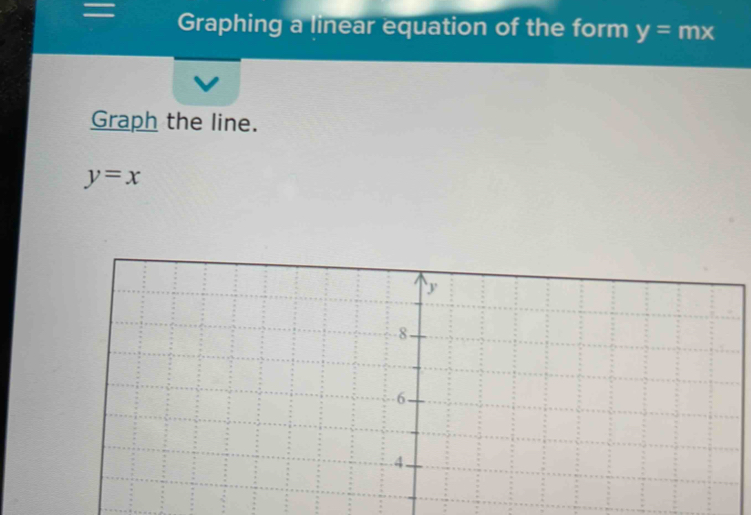 = Graphing a linear equation of the form y=mx
Graph the line.
y=x