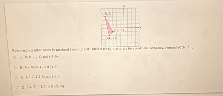 A. (0,1),(-2,5) ), and (-1,0)
B. (-2,5),(0,1) , and (-1,0)
C. (-5,2),(-7,6) and (-6,1)
D. (-1,-4),(-3,0) , and (-2,-5)