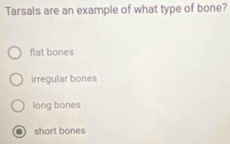 Tarsals are an example of what type of bone?
flat bones
irregular bones
long bones
short bones