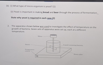 What type of micro-organism is yeast? (1) 
(ii) Yeast is important in making bread and beer through the process of fermentation.__ 
State why yeast is required in each case.(2) 
2. The apparatus shown below was used to investigate the effect of temperature on the 
growth of bacteria. Seven sets of apparatus were set up, each at a different 
temperature