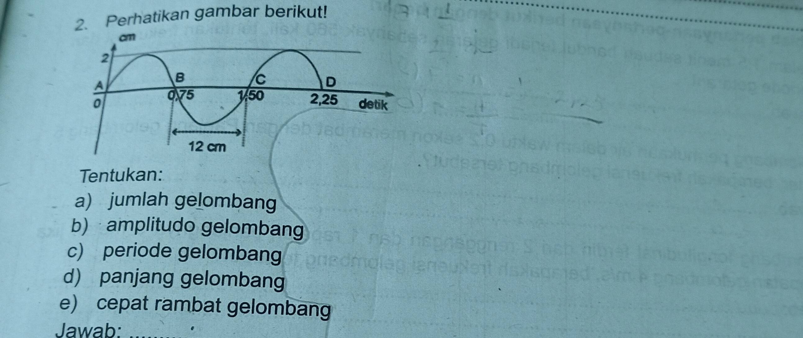 Perhatikan gambar berikut! 
Tentukan: 
a) jumlah gelombang 
b) amplitudo gelombang 
c) periode gelombang 
d) panjang gelombang 
e) cepat rambat gelombang 
Jawab:_