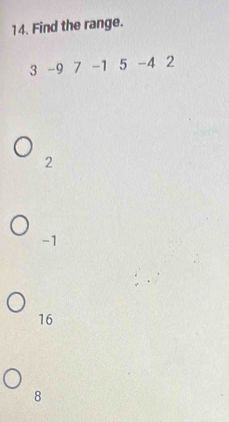 Find the range.
3 -9 7 -1 5 -4 2
2
-1
16
8