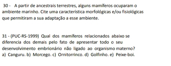 A partir de ancestrais terrestres, alguns mamíferos ocuparam o
ambiente marinho. Cite uma característica morfológicas e/ou fisiológicas
que permitiram a sua adaptação a esse ambiente.
31 - (PUC-RS-1999) Qual dos mamíferos relacionados abaixo se
diferencia dos demais pelo fato de apresentar todo o seu
desenvolvimento embrionário não ligado ao organismo materno?
a) Canguru. b) Morcego. c) Ornitorrinco. d) Golfinho. e) Peixe-boi.