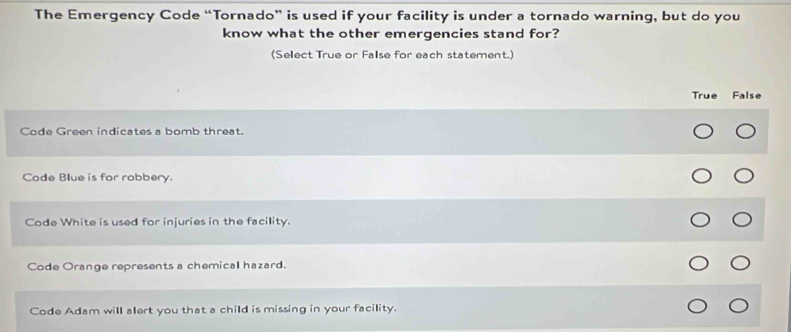 Solved: The Emergency Code “Tornado” is used if your facility is under ...