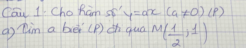 Qau 1 Cho ham s8" y=ax(a!= 0)(p)
( 7im a biè (P) c quā M( 1/2 ,1)