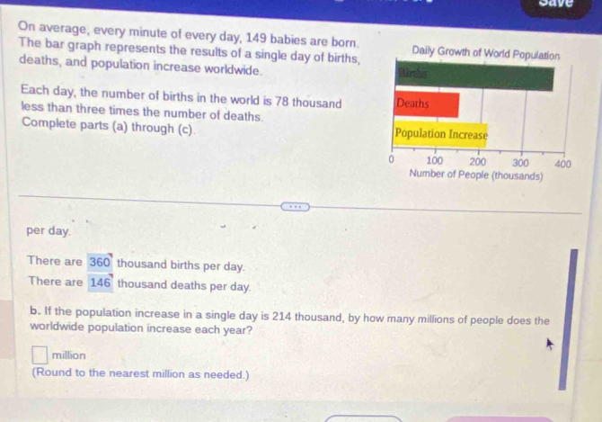save 
On average, every minute of every day, 149 babies are born. 
The bar graph represents the results of a single day of births, 
deaths, and population increase worldwide. 
Each day, the number of births in the world is 78 thousand 
less than three times the number of deaths. 
Complete parts (a) through (c). 
per day. 
There are 360 thousand births per day. 
There are 146 thousand deaths per day. 
b. If the population increase in a single day is 214 thousand, by how many millions of people does the 
worldwide population increase each year?
million
(Round to the nearest million as needed.)
