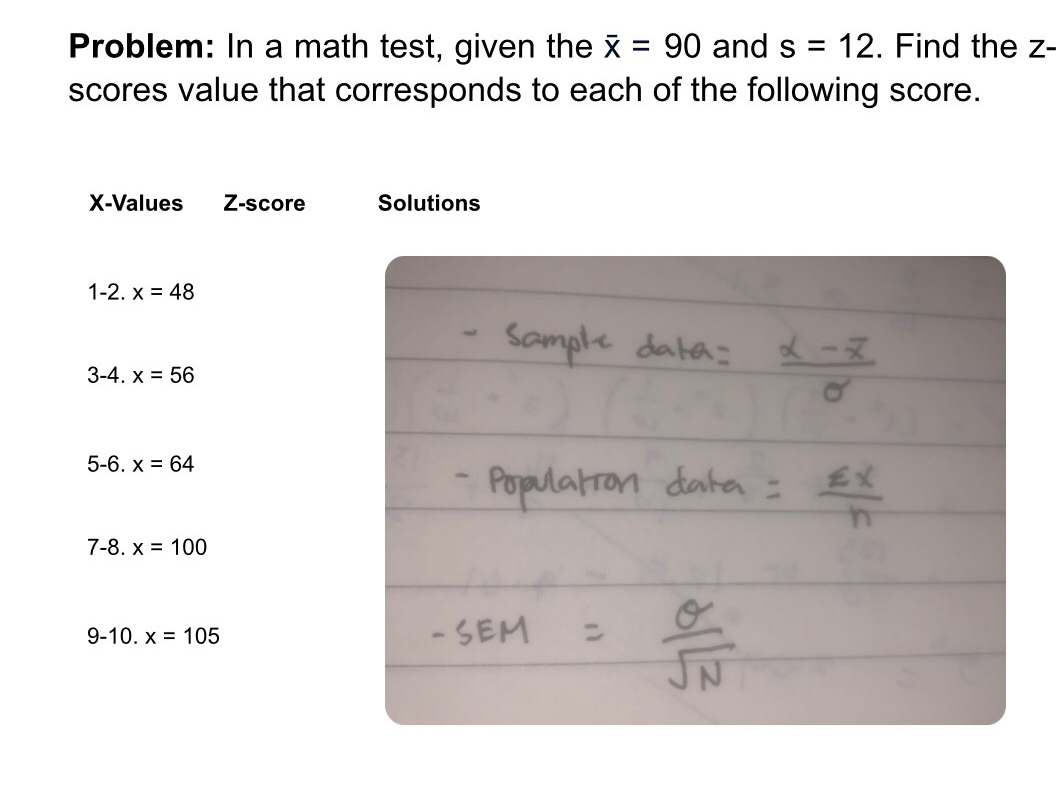 Problem: In a math test, given the overline x=90 and s=12. Find the z - 
scores value that corresponds to each of the following score.
X -Values Z-score Solutions 
1-2. x=48
3-4. x=56
5-6. x=64
7-8. x=100
9-10. x=105