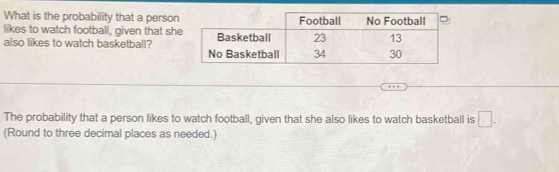 What is the probability that a person 
likes to watch football, given that she 
also likes to watch basketball? 
The probability that a person likes to watch football, given that she also likes to watch basketball is □. 
(Round to three decimal places as needed.)