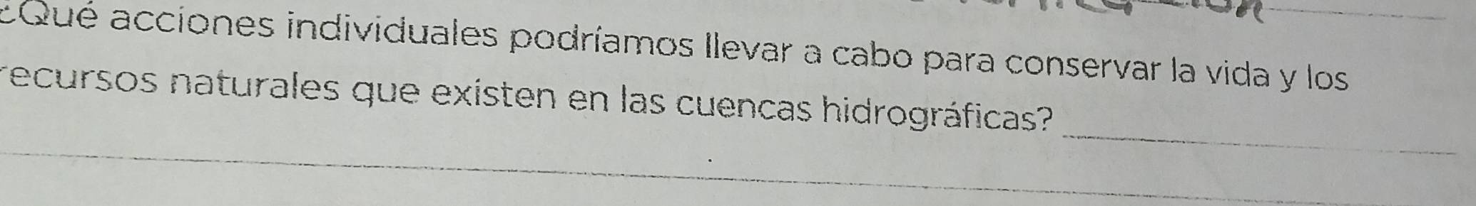 Que acciones individuales podríamos Ilevar a cabo para conservar la vida y los 
_ 
recursos naturales que existen en las cuencas hidrográficas?