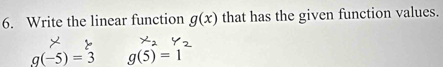 Write the linear function g(x) that has the given function values.
g(-5)=3 g(5)=1