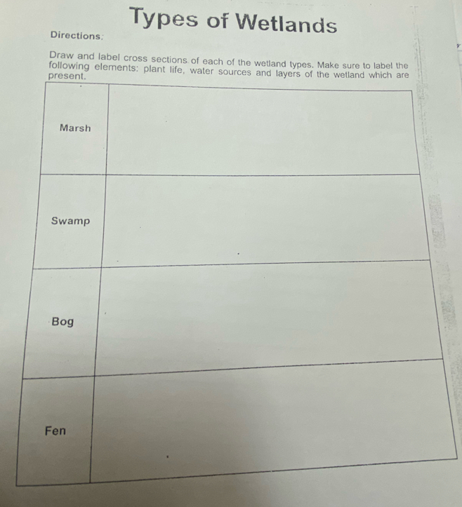 Types of Wetlands 
Directions 
Draw and label cross sections of each of the wetland types. Make sure to label the 
following element