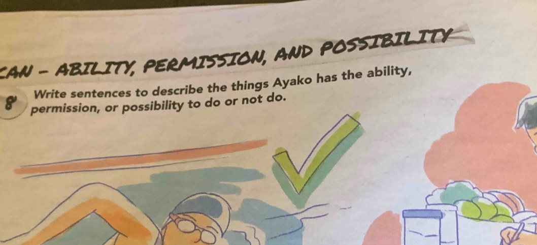 CAN - ABILITY, PERMISSION, AND POSSIBILITY 
Write sentences to describe the things Ayako has the ability,
8 permission, or possibility to do or not do.