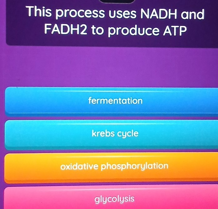 This process uses NADH and
FADH2 to produce ATP
fermentation
krebs cycle
oxidative phosphorylation
glycolysis