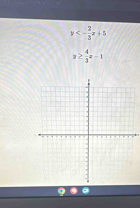 y<- 2/3 x+5
y≥  4/3 x-1
r