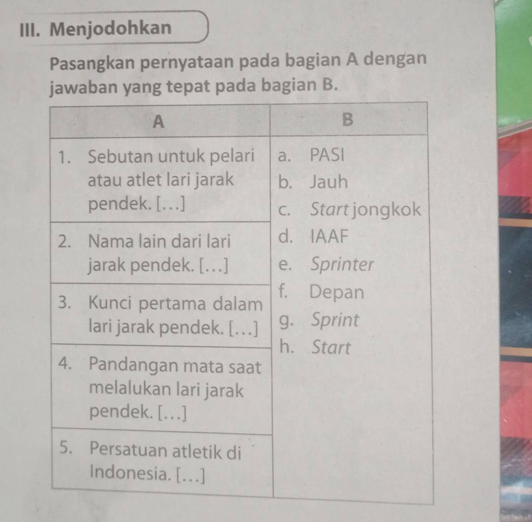 Menjodohkan 
Pasangkan pernyataan pada bagian A dengan 
ban yang tepat pada bagian B.