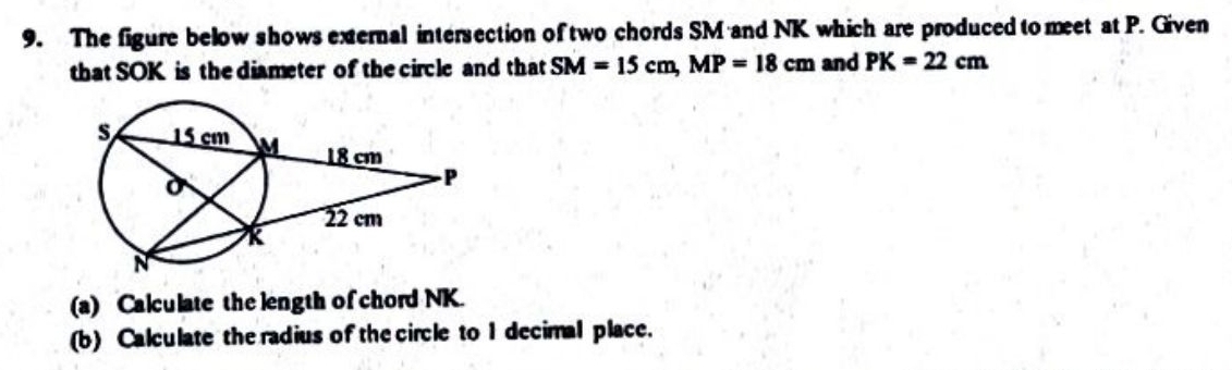 The figure below shows external intersection of two chords SM and NK which are produced to meet at P. Given 
that SOK is the diameter of the circle and that SM=15cm, MP=18cm and PK=22cm
(a) Calculate the length of chord NK. 
(b) Calculate the radius of the circle to 1 decimal place.