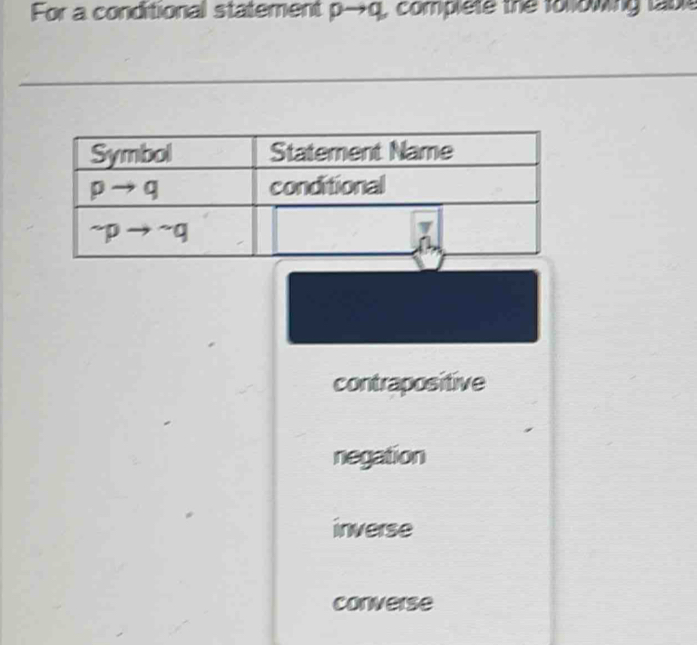 For a conditional statement pto q complete the folowing ta
contrapositive
negation
inverse
converse