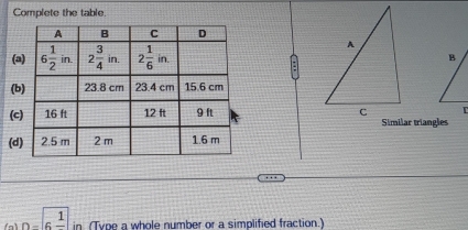 Complete the table.
(a 
(b
(c  
Similar triangles
(d
(a) beginarrayr 1 n-6frac 1endarray =
in (Type a whole number or a simplified fraction.)