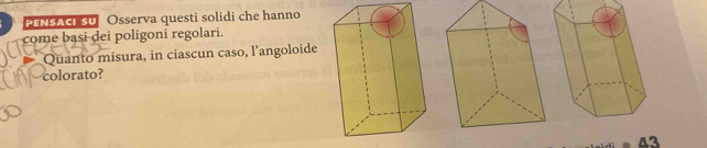 PENSACI SU Osserva questi solidi che hanno 
come basi dei poligoni regolari. 
Quanto misura, in ciascun caso, l'angoloide 
colorato?
43
