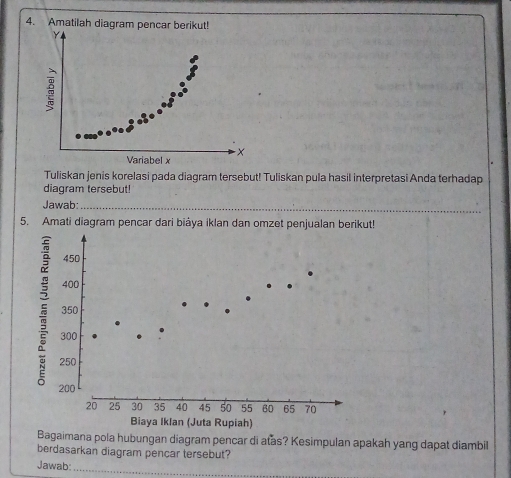 Amatilah diagram pencar berikut!
Y
Variabel x - x
Tuliskan jenis korelasi pada diagram tersebut! Tuliskan pula hasil interpretasi Anda terhadap 
diagram tersebut! 
Jawab:_ 
5. Amati diagram pencar dari biáya iklan dan omzet penjualan berikut!
450
400
350
300
250
200
20 25 30 35 40 45 50 55 60 65 70
Biaya Iklan (Juta Rupiah) 
Bagaimana pola hubungan diagram pencar di atas? Kesimpulan apakah yang dapat diambil 
berdasarkan diagram pencar tersebut? 
Jawab:_