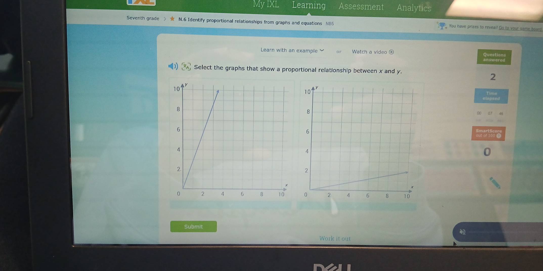 My IXL Learning Assessment Analytics 
Seventh grade N.6 Identify proportional relationships from graphs and equations NB5 
You have prizes to reveal! Go to your game board. 
Learn with an example Watch a video ⑥ 
Questions 
answered
[x_A] Select the graphs that show a proportional relationship between x and y. 
2 
Time 
elapsed 
out of 100 0 

Submit 
Work it out