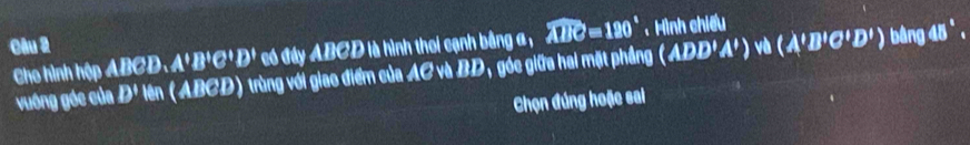 vù (A'B'C'D') bằng 45°
Cho hình hập ABCD, A'B'C'D' * có đây ABCD là hình thoi cạnh bằng a , widehat ABC=120° : Mình chiếu 
vuớng góc của D^1 lên (AIK CD) trùng với giao điểm của AC và BD, góc giữa hai mặt phẳng (ADD'A')
Chọn đúng hoặc sai