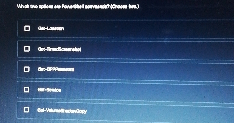Resuelto:Which two options are PowerShell commands? (Choose two.) Get ...