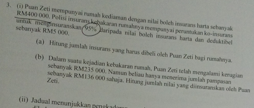 Puan Zeti mempunyai rumah kediaman dengan nilai boleh insurans harta sebanyak
RM400 000. Polisi insurans kebakaran rumahnya mempunyai peruntukan ko-insurans 
untuk menginsuranskan 95% daripada nilai boleh insurans harta dan deduktibel sebanyak RM5 000. 
(a) Hitung jumlah insurans yang harus dibeli oleh Puan Zeti bagi rumahnya. 
(b) Dalam suatu kejadian kebakaran rumah, Puan Zeti telah mengalami kerugian 
sebanyak RM235 000. Namun beliau hanya menerima jumlah pampasan 
Zeti. 
sebanyak RM136 000 sahaja. Hitung jumlah nilai yang diinsuranskan oleh Puan 
(ii) Jadual menunjukkan pengk ad