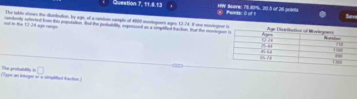 Question 7, 11 f HW Score: 78.85%, 20.5 of 26 points 
x Points: 0 of 1 
Save 
The table shows the distribution, by age, of a random sample of 4000 moviegoers ages 12-74. If one moviego 
not in the 12-24 age range 
randomly selected from this population, find the probability, expressed as a simplified fraction, that the moviego 
The probability is □ 
(Type an integer or a simplified fraction.)