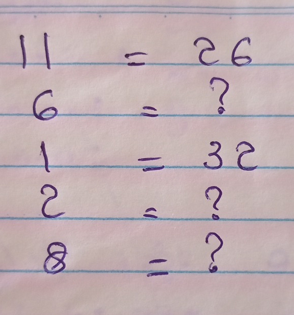 11=26
6= ?
1=32
2= ?
8= ?
 1/2 (11 frac (1,100)^(10))^10