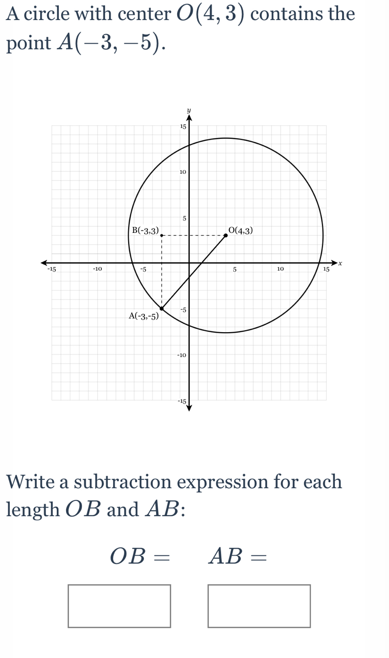 A circle with center O(4,3) contains the
point A(-3,-5).
Write a subtraction expression for each
length OB and AB:
OB= AB=